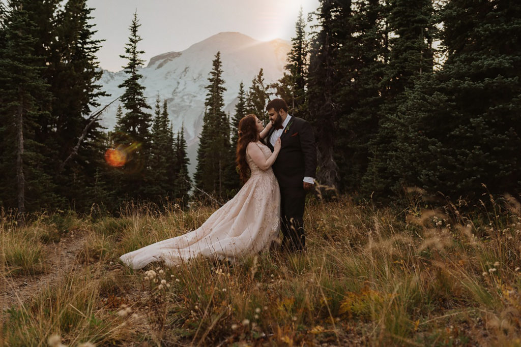 Meaning of "elope." Bride and Groom eloping at Mt. Rainier National Park.