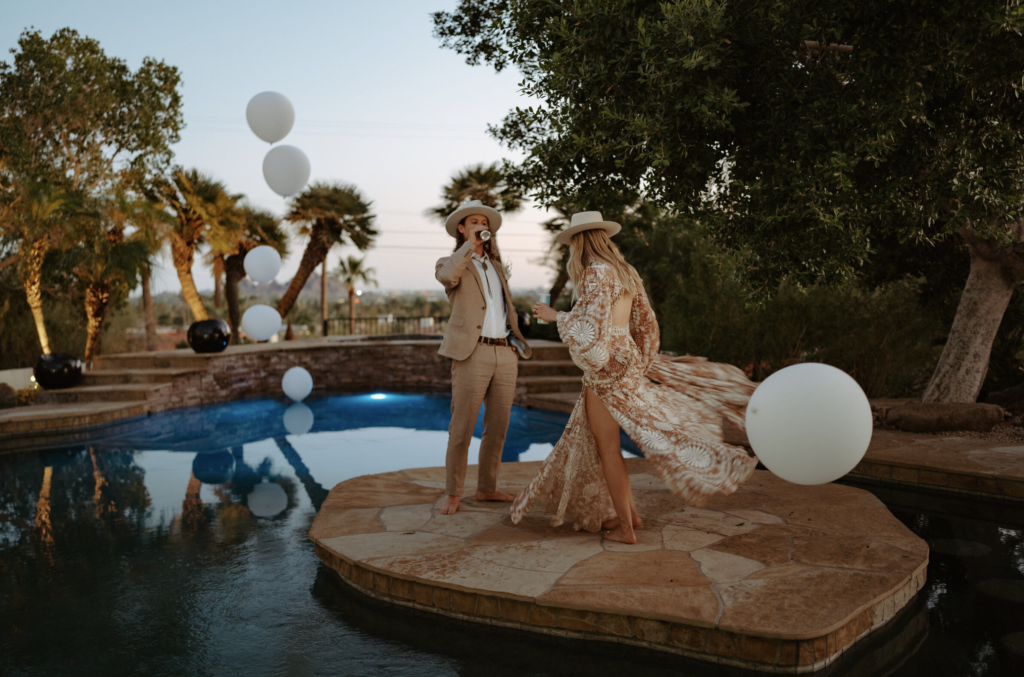 Pool party reception after eloping